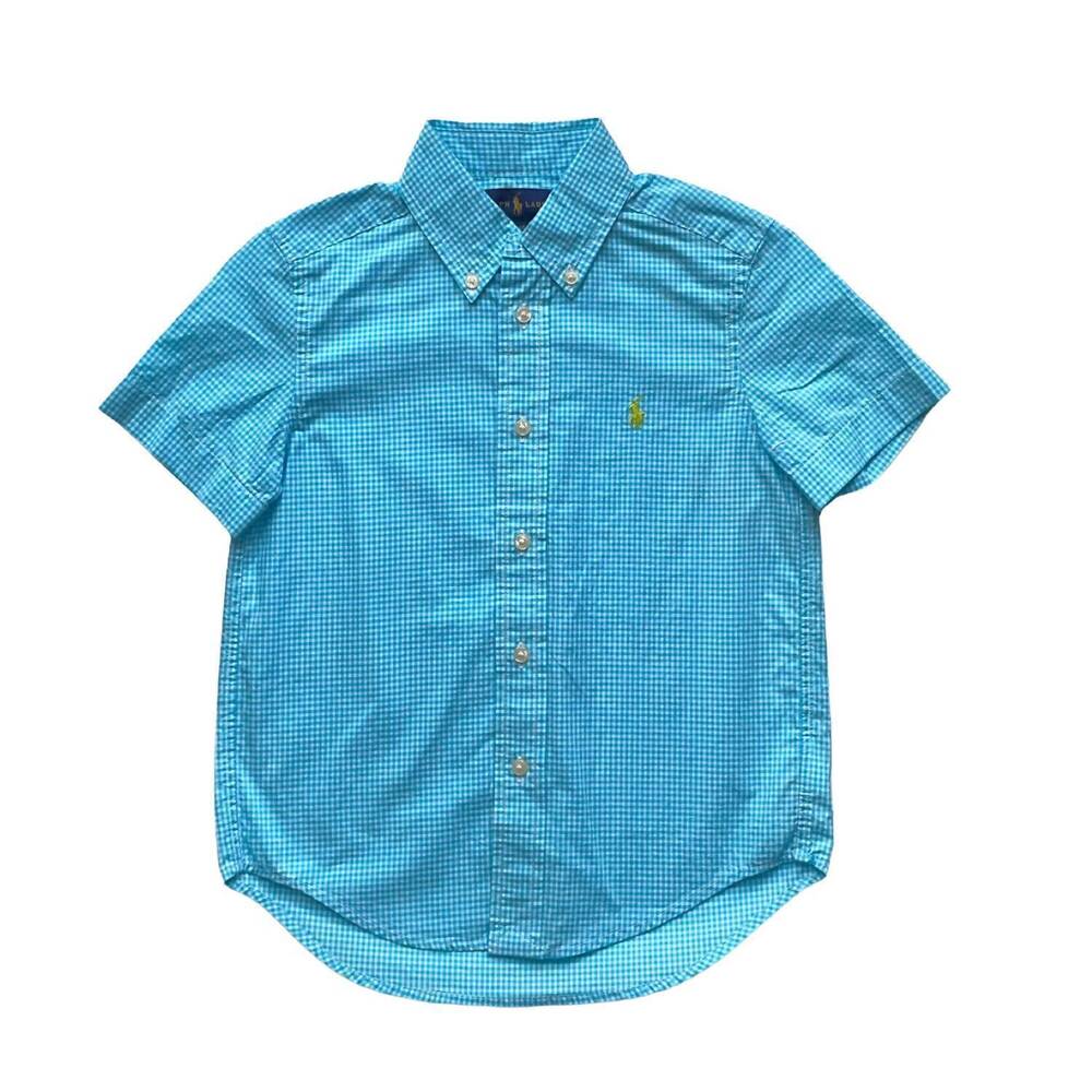 NEW RALPH LAUREN boy's poplin short sleeve buttoned shirt in turquoise/white